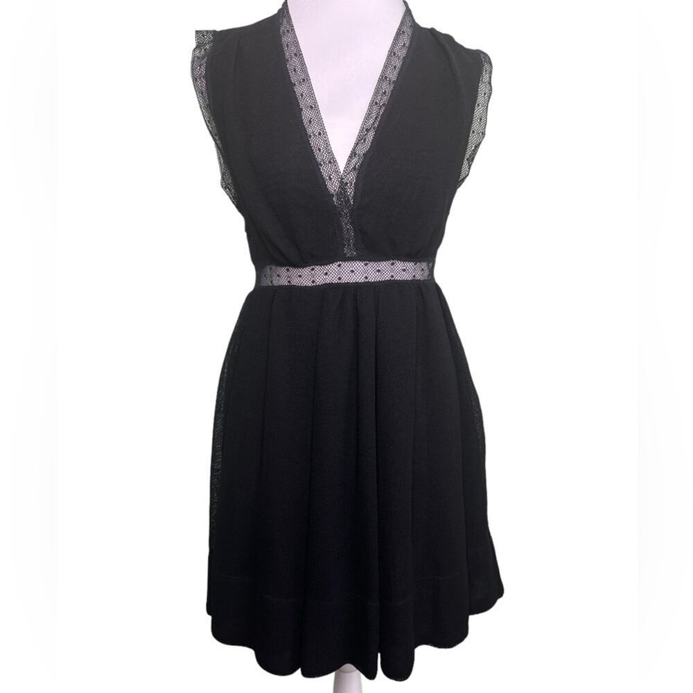 Sandro Paris Black Cocktail Plunging Lace-Trim Mini Dress